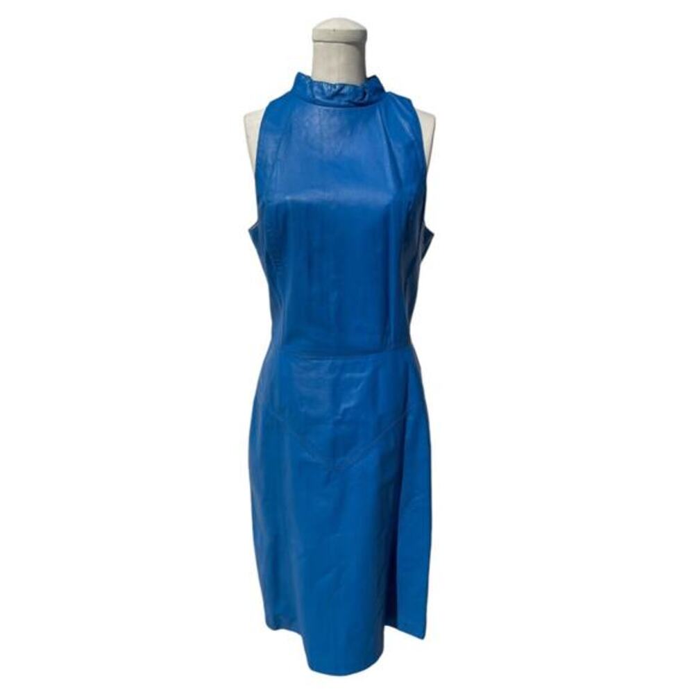 Vintage 80s Ambria Blue Leather Fitted Sleeveless High Neck Dress Size 10